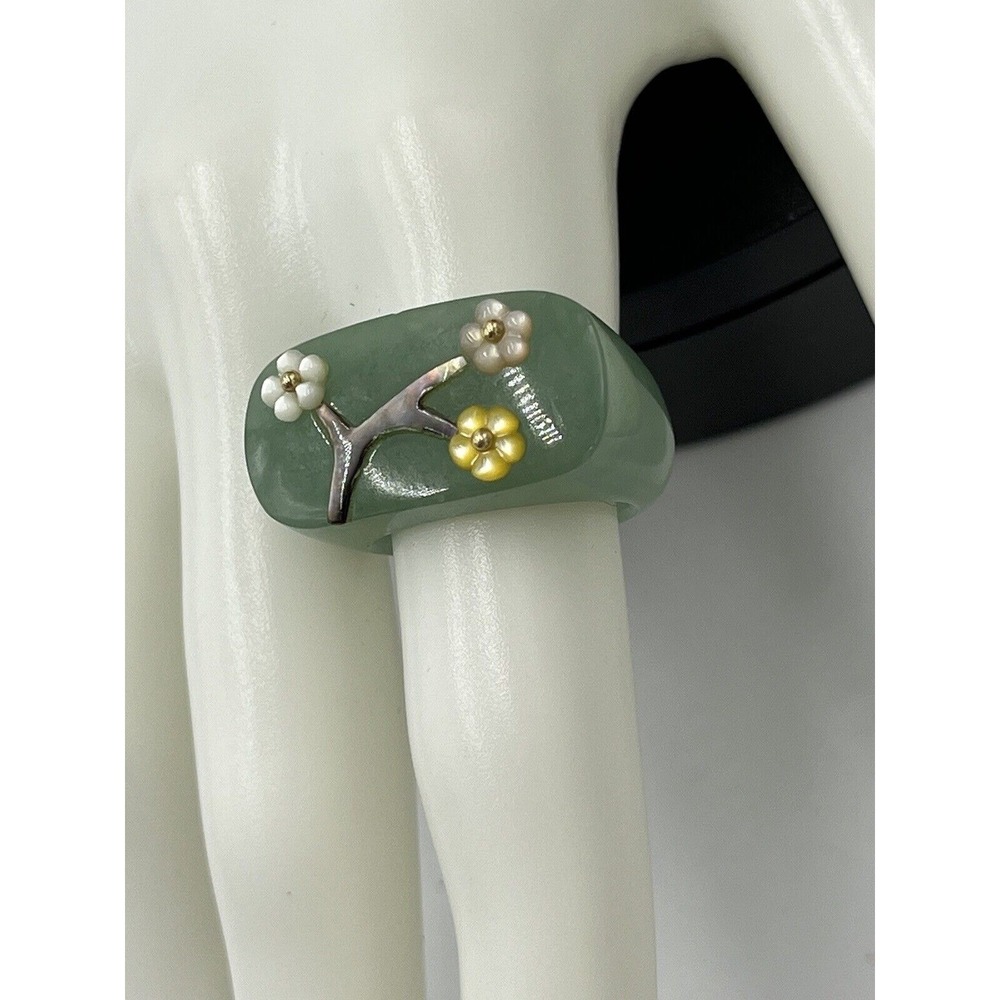Jade Natural Icy Green Jadeite and MOP Flower Saddle Beautiful 14k Ring Sz 7.5-8 - Picture 8 of 13